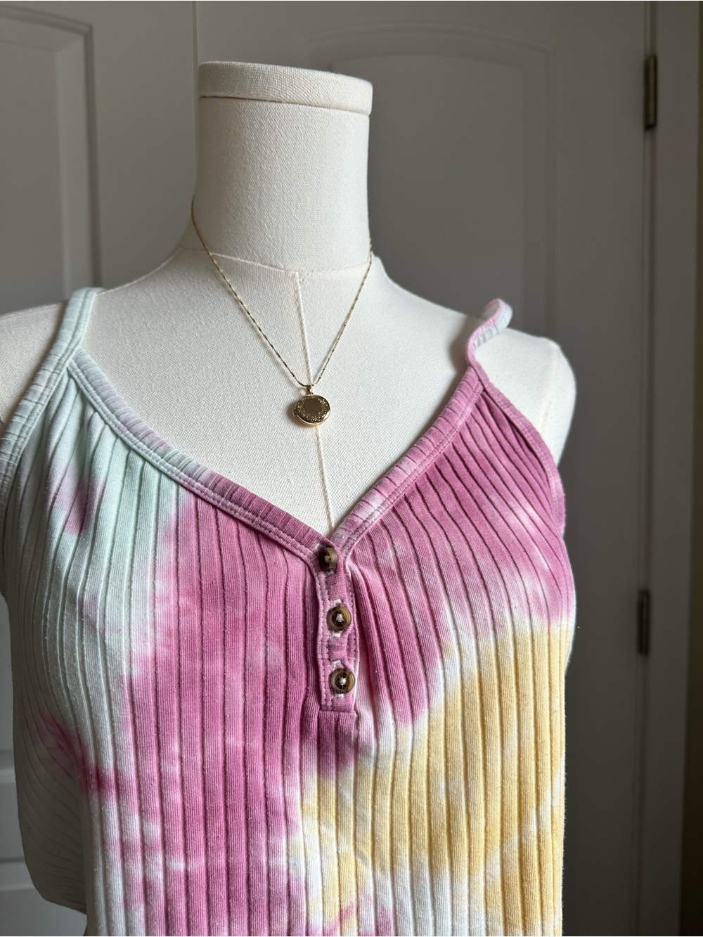 American Eagle Tie-Dye Ribbed Henley Tank Top - Pink, Yellow & Blue - Picture 3 of 8